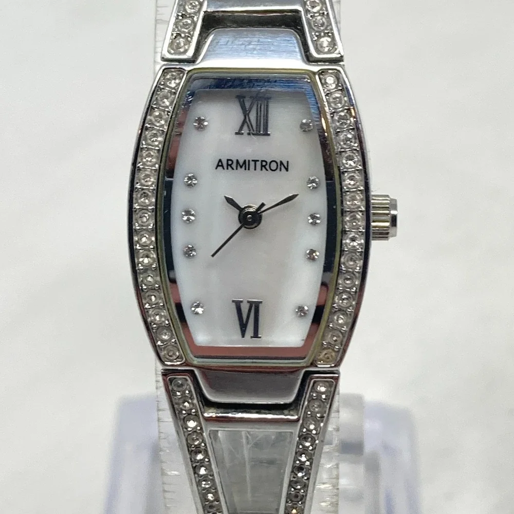 Armitron Watch Women 18mm Silver Tone Crystals Bling MOP Dial New Battery 6.5